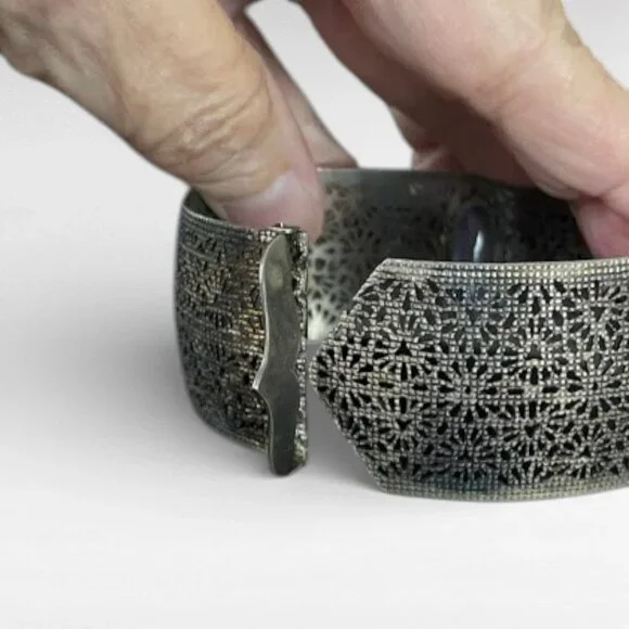 Antique Art Deco Wide Filigree Blue Glass Center Stone Buckle Bracelet - Picture 9 of 13